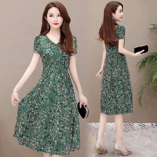 Temperament Mesh Floral Women Mid Length V Neck Summer A Line Skirt Dress