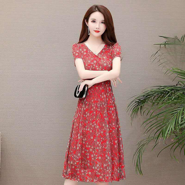 Temperament Mesh Floral Women Mid Length V Neck Summer A Line Skirt Dress