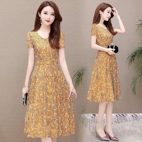Temperament Mesh Floral Women Mid Length V Neck Summer A Line Skirt Dress