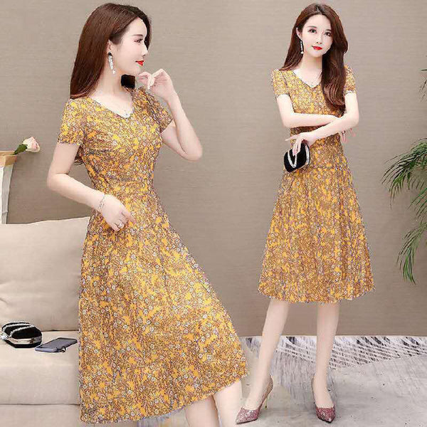 Temperament Mesh Floral Women Mid Length V Neck Summer A Line Skirt Dress