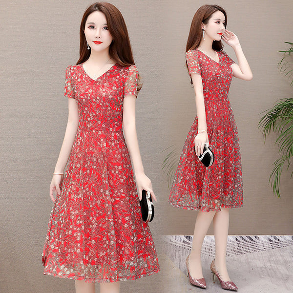 Temperament Mesh Floral Women Mid Length V Neck Summer A Line Skirt Dress