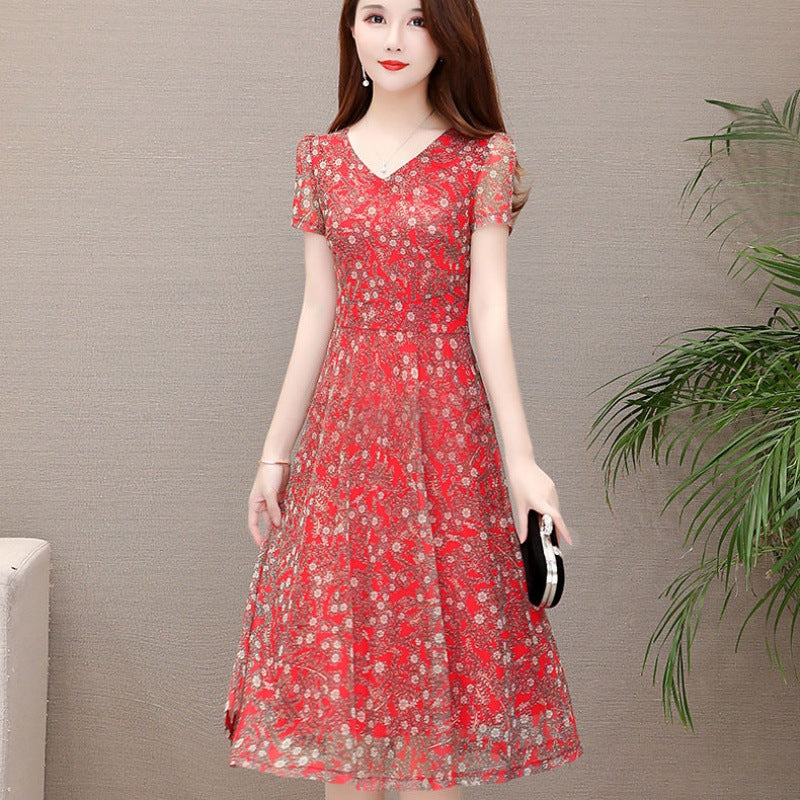 Temperament Mesh Floral Women Mid Length V Neck Summer A Line Skirt Dress