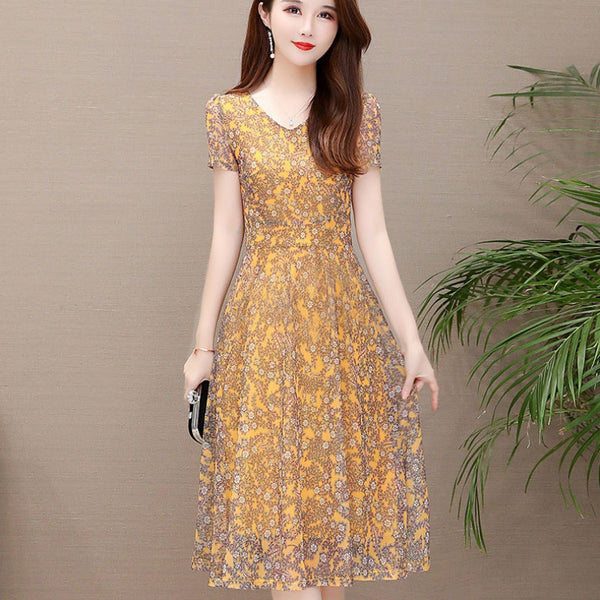 Temperament Mesh Floral Women Mid Length V Neck Summer A Line Skirt Dress
