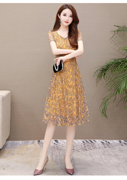 Temperament Mesh Floral Women Mid Length V Neck Summer A Line Skirt Dress