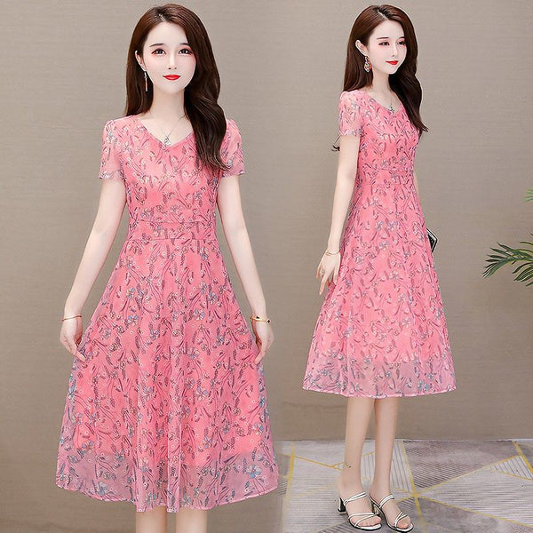 Temperament Mesh Floral Women Mid Length V Neck Summer A Line Skirt Dress