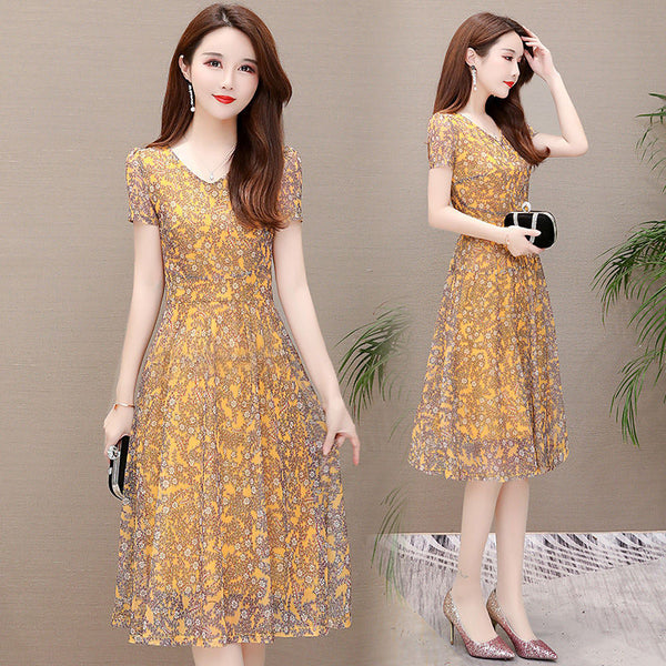 Temperament Mesh Floral Women Mid Length V Neck Summer A Line Skirt Dress