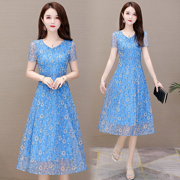 Temperament Mesh Floral Women Mid Length V Neck Summer A Line Skirt Dress