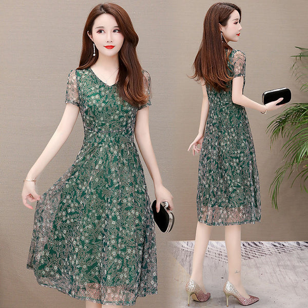 Temperament Mesh Floral Women Mid Length V Neck Summer A Line Skirt Dress