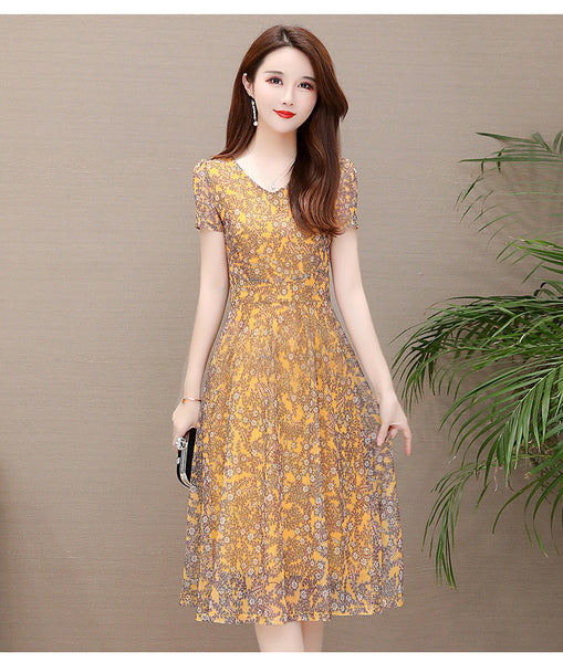 Temperament Mesh Floral Women Mid Length V Neck Summer A Line Skirt Dress