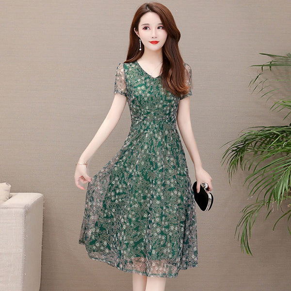 Temperament Mesh Floral Women Mid Length V Neck Summer A Line Skirt Dress