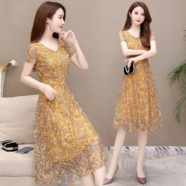 Temperament Mesh Floral Women Mid Length V Neck Summer A Line Skirt Dress