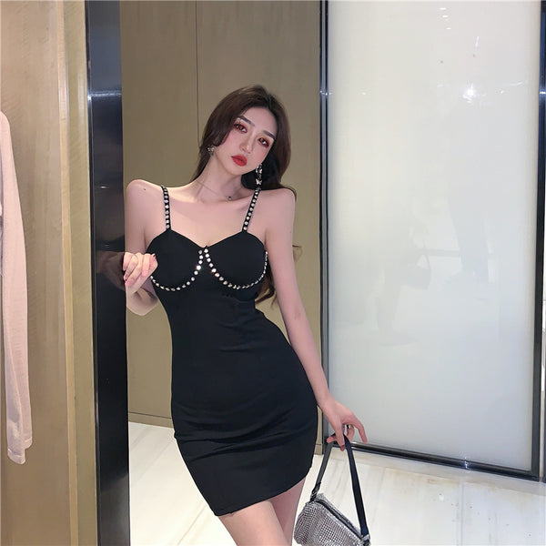 Clubbing Sexy Low Cut Rhinestone Jewellery Hip Skirt Bodycon Skirt Spaghetti Strap Dress