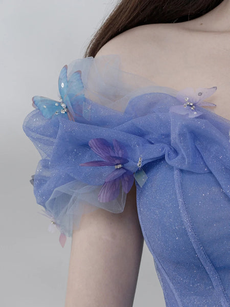 Temperament Elegant Evening Banquet Women Gradient Blue Tutu Evening Dress