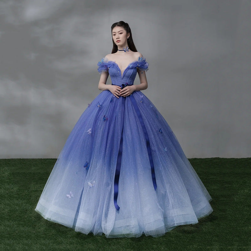 Temperament Elegant Evening Banquet Women Gradient Blue Tutu Evening Dress