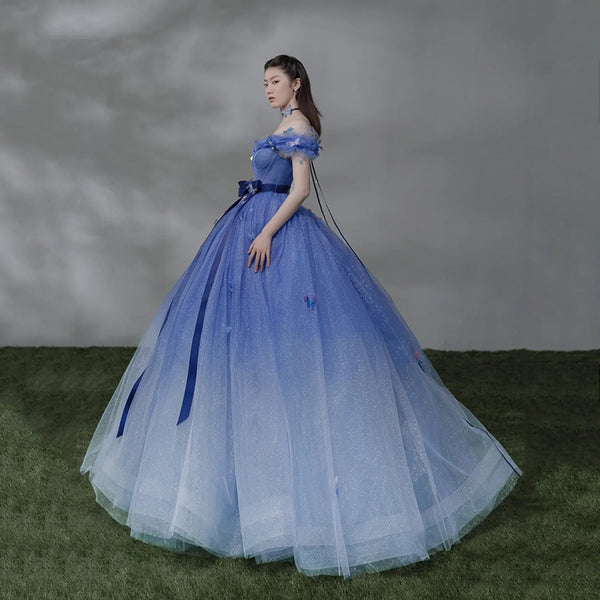 Temperament Elegant Evening Banquet Women Gradient Blue Tutu Evening Dress