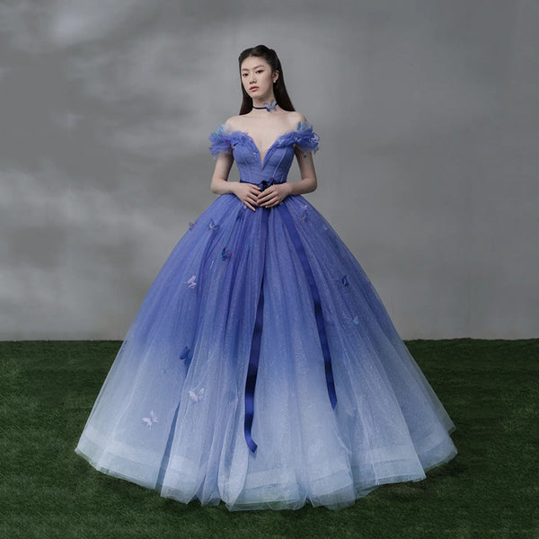Temperament Elegant Evening Banquet Women Gradient Blue Tutu Evening Dress