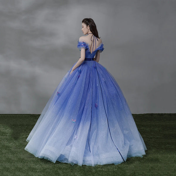 Temperament Elegant Evening Banquet Women Gradient Blue Tutu Evening Dress
