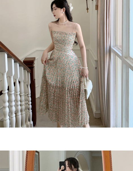 Holiday Women Floral Printed Waist Spaghetti Strap Long Pleated Dress