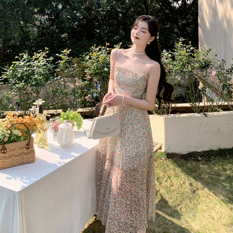 Holiday Women Floral Printed Waist Spaghetti Strap Long Pleated Dress