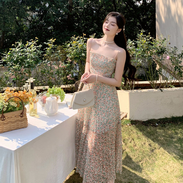 Holiday Women Floral Printed Waist Spaghetti Strap Long Pleated Dress