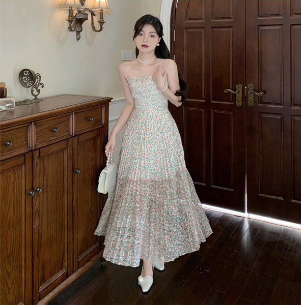 Holiday Women Floral Printed Waist Spaghetti Strap Long Pleated Dress