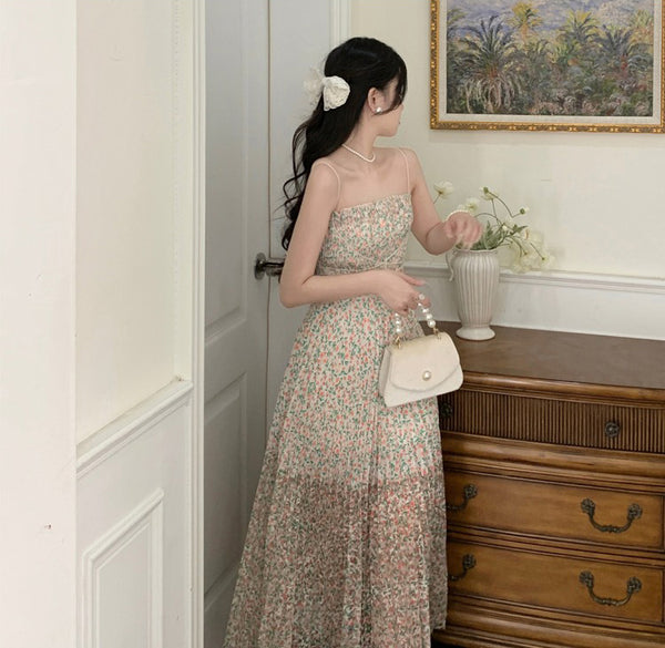 Holiday Women Floral Printed Waist Spaghetti Strap Long Pleated Dress