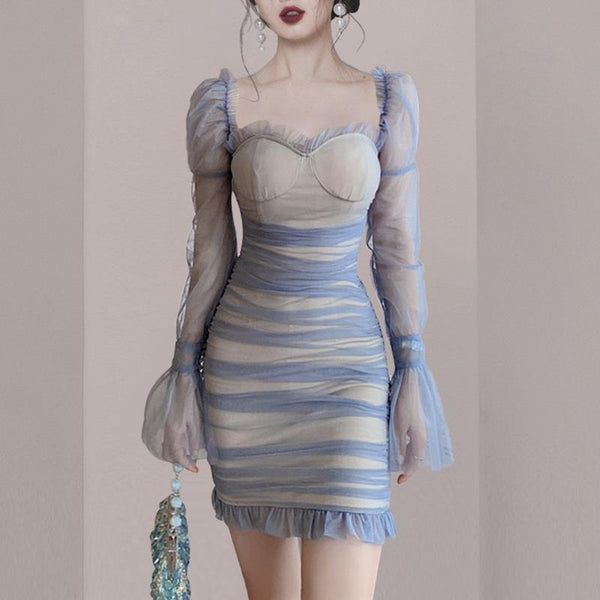 Special Nude Fairy Mesh Pleated Square Collar Long Sleeved Tube Bodycon Dress