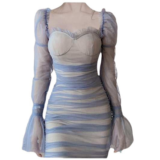 Special Nude Fairy Mesh Pleated Square Collar Long Sleeved Tube Bodycon Dress