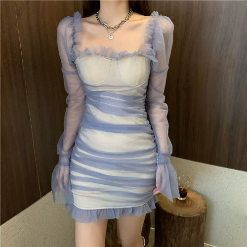 Special Nude Fairy Mesh Pleated Square Collar Long Sleeved Tube Bodycon Dress
