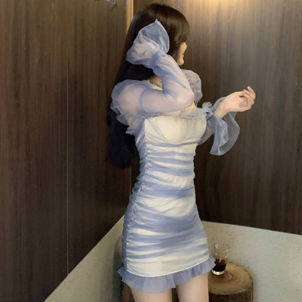 Special Nude Fairy Mesh Pleated Square Collar Long Sleeved Tube Bodycon Dress