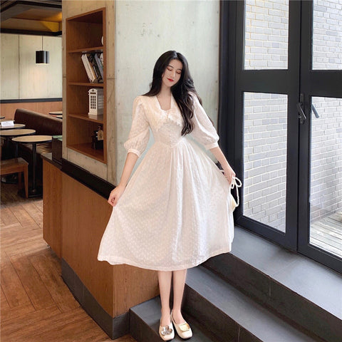 Retro Sexy Vintage Temperament Fairy White Embroider Waist Short Sleeved A line Dress