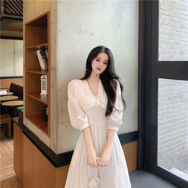 Retro Sexy Vintage Temperament Fairy White Embroider Waist Short Sleeved A line Dress