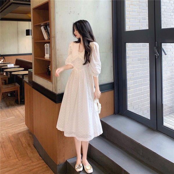 Retro Sexy Vintage Temperament Fairy White Embroider Waist Short Sleeved A line Dress