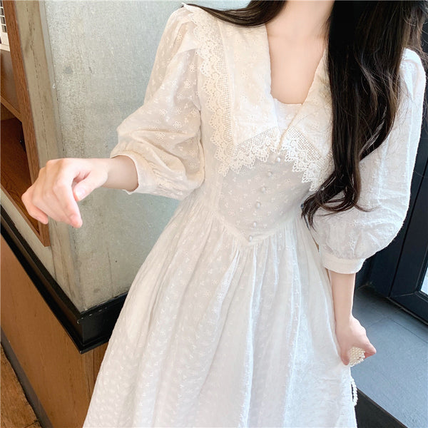 Retro Sexy Vintage Temperament Fairy White Embroider Waist Short Sleeved A line Dress