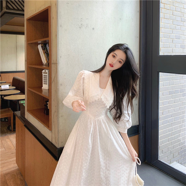 Retro Sexy Vintage Temperament Fairy White Embroider Waist Short Sleeved A line Dress