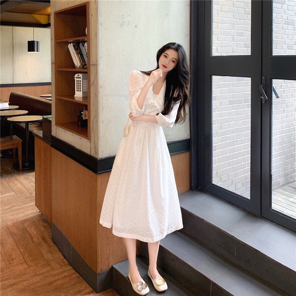 Retro Sexy Vintage Temperament Fairy White Embroider Waist Short Sleeved A line Dress