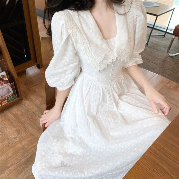 Retro Sexy Vintage Temperament Fairy White Embroider Waist Short Sleeved A line Dress
