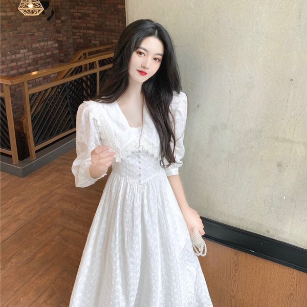 Retro Sexy Vintage Temperament Fairy White Embroider Waist Short Sleeved A line Dress