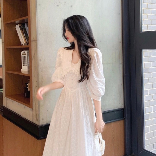 Retro Sexy Vintage Temperament Fairy White Embroider Waist Short Sleeved A line Dress