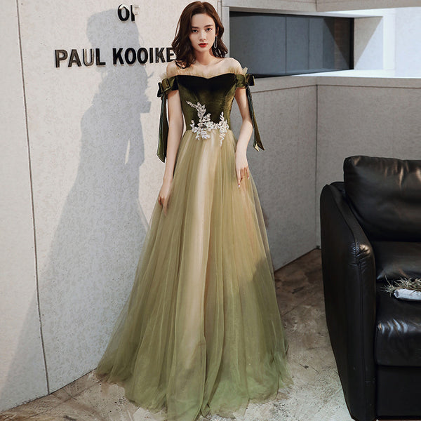 Retro Vintage Temperament Banquet Off Shoulder Long Fairy Velvet Evening Prom Dress