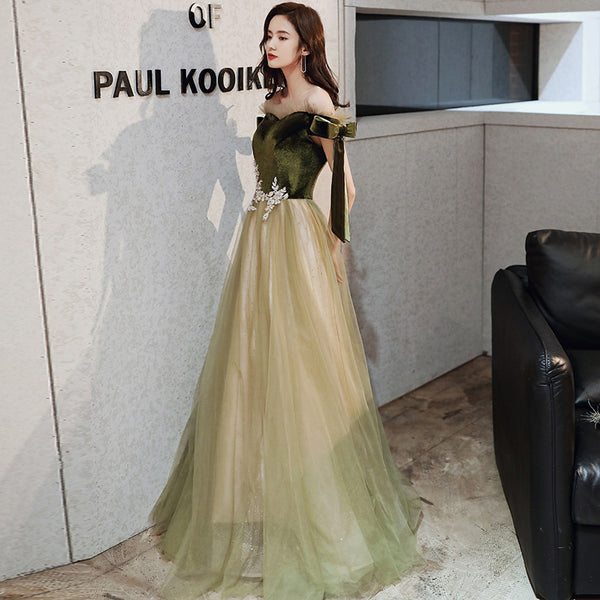 Retro Vintage Temperament Banquet Off Shoulder Long Fairy Velvet Evening Prom Dress