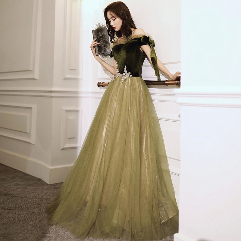Retro Vintage Temperament Banquet Off Shoulder Long Fairy Velvet Evening Prom Dress