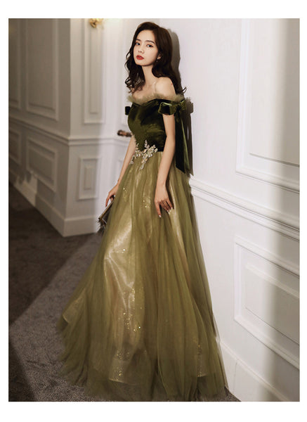 Retro Vintage Temperament Banquet Off Shoulder Long Fairy Velvet Evening Prom Dress