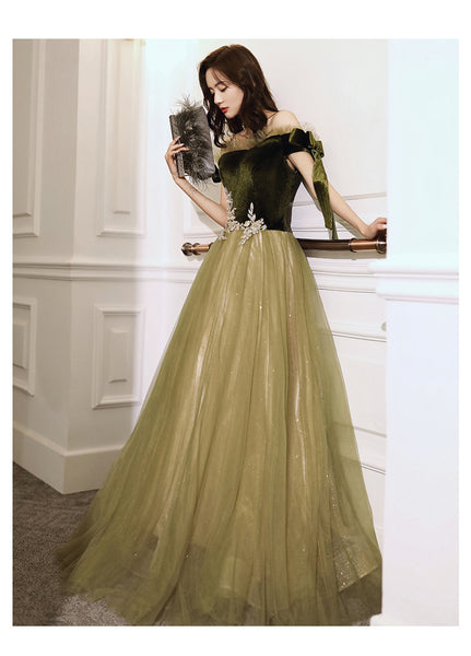 Retro Vintage Temperament Banquet Off Shoulder Long Fairy Velvet Evening Prom Dress