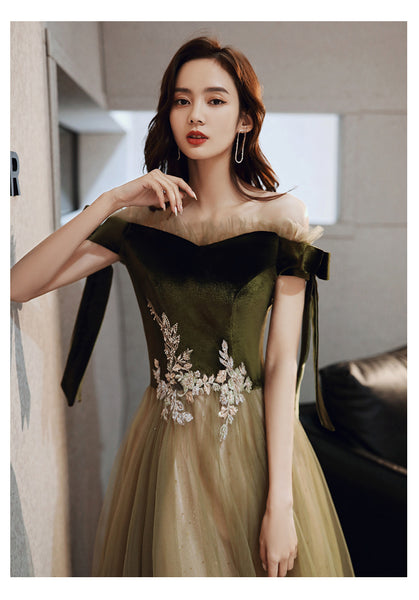 Retro Vintage Temperament Banquet Off Shoulder Long Fairy Velvet Evening Prom Dress