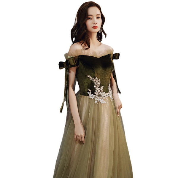 Retro Vintage Temperament Banquet Off Shoulder Long Fairy Velvet Evening Prom Dress