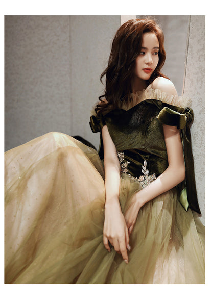 Retro Vintage Temperament Banquet Off Shoulder Long Fairy Velvet Evening Prom Dress