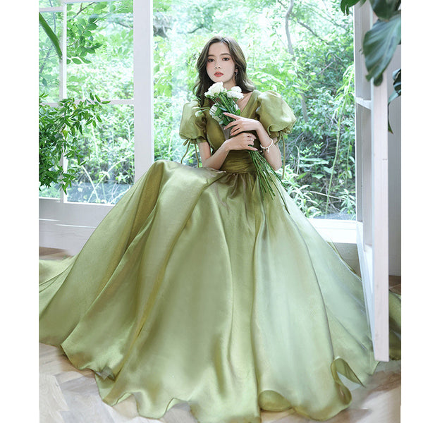 Princess Bridesmaid Temperament Puff Sleeve Prom Avocado Green Tulle Long Dress