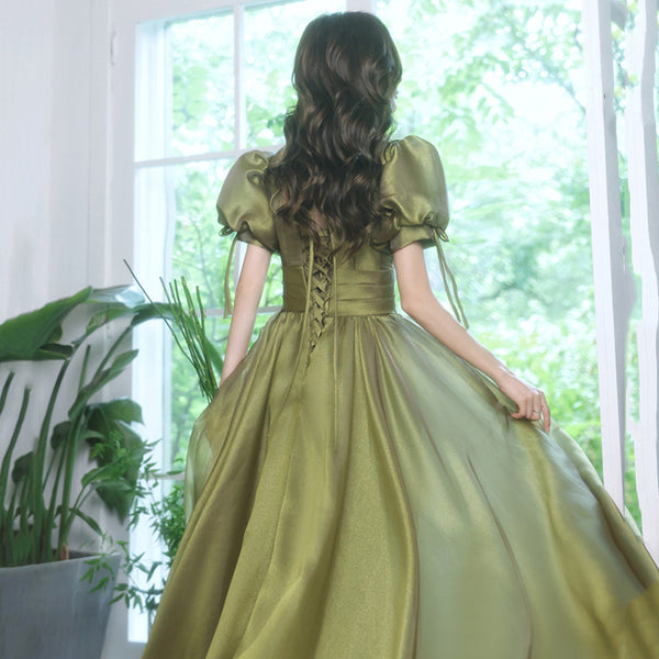 Princess Bridesmaid Temperament Puff Sleeve Prom Avocado Green Tulle Long Dress
