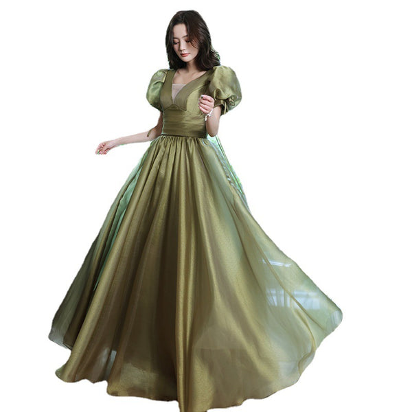 Princess Bridesmaid Temperament Puff Sleeve Prom Avocado Green Tulle Long Dress